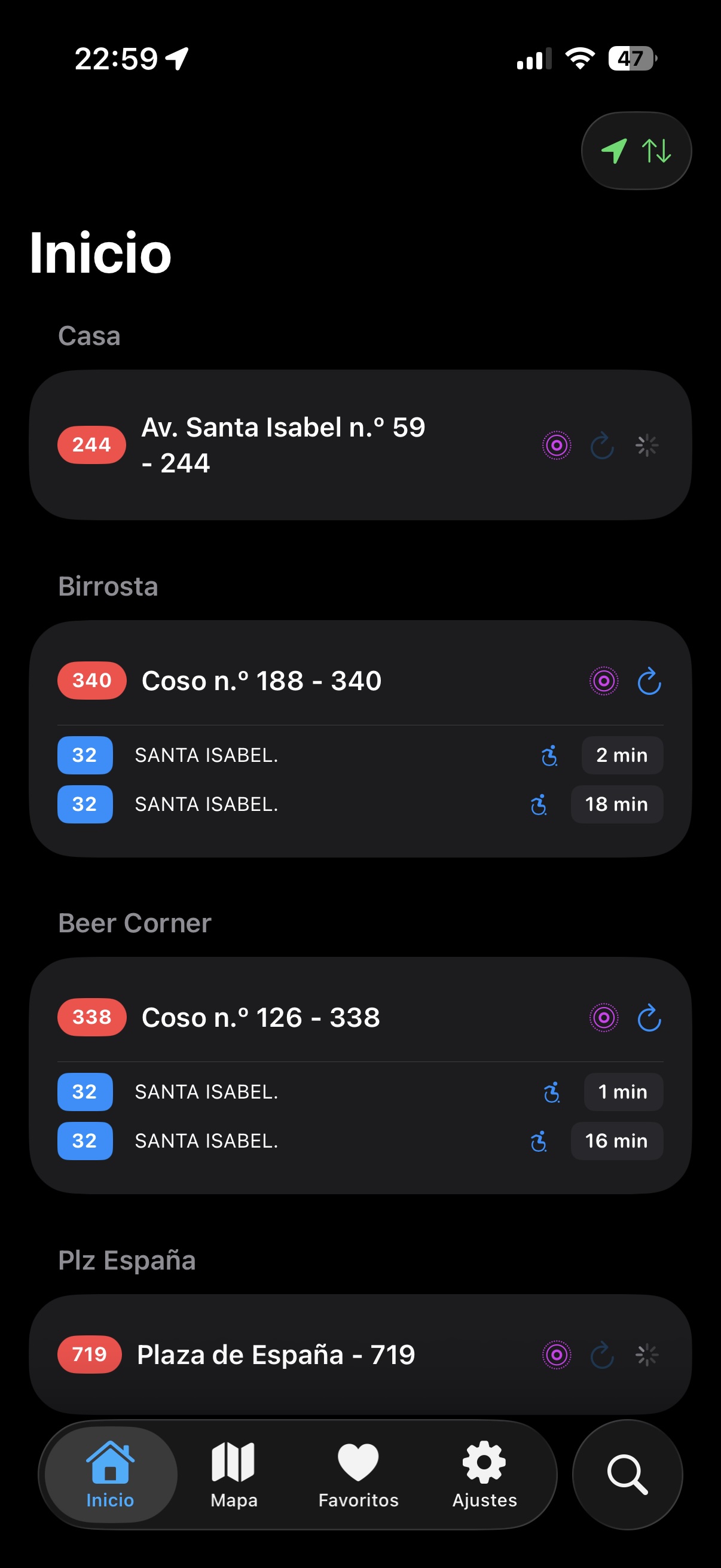Ebro Bus home screen showing saved stops and next arrivals