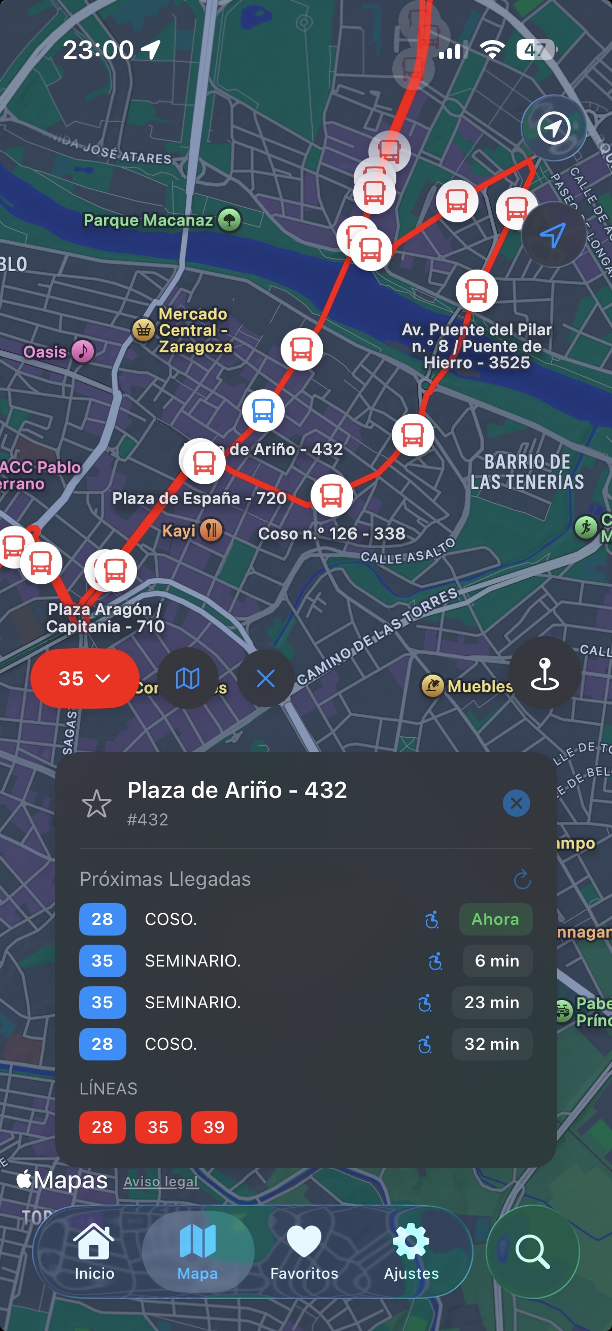 Ebro Bus map with route and stop arrivals