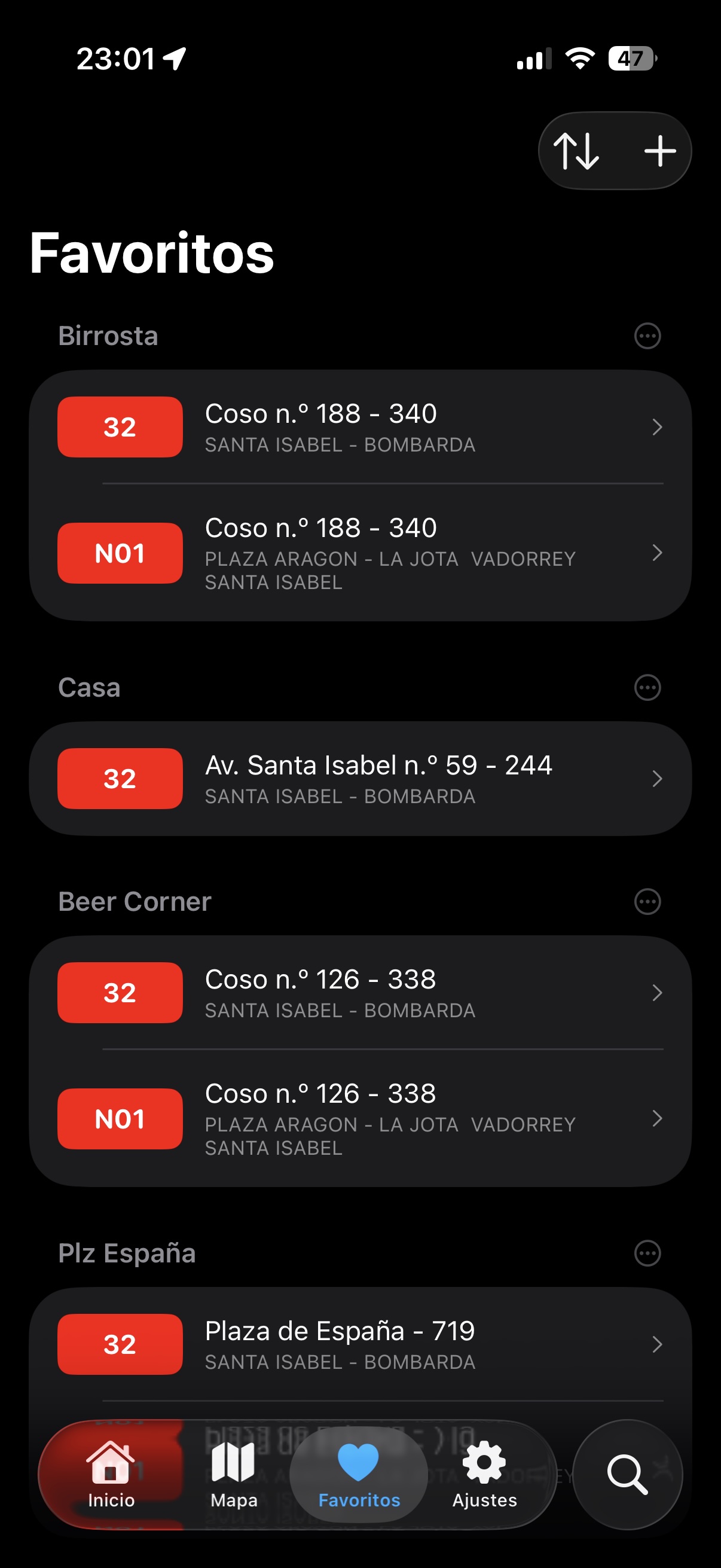 Ebro Bus favorites screen with grouped stops