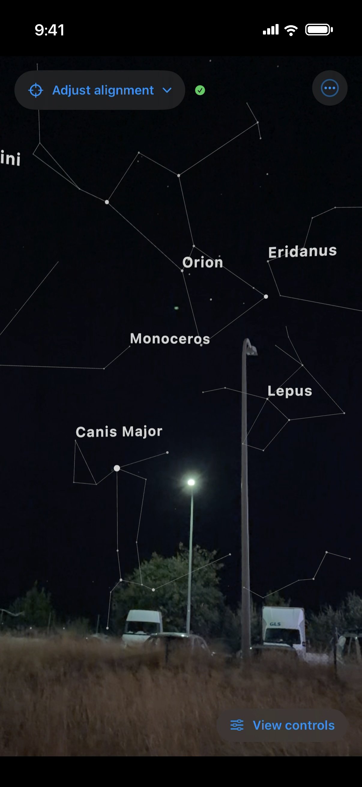 Orvex showing Orion, Canis Major and nearby constellations over the live camera view of the night sky