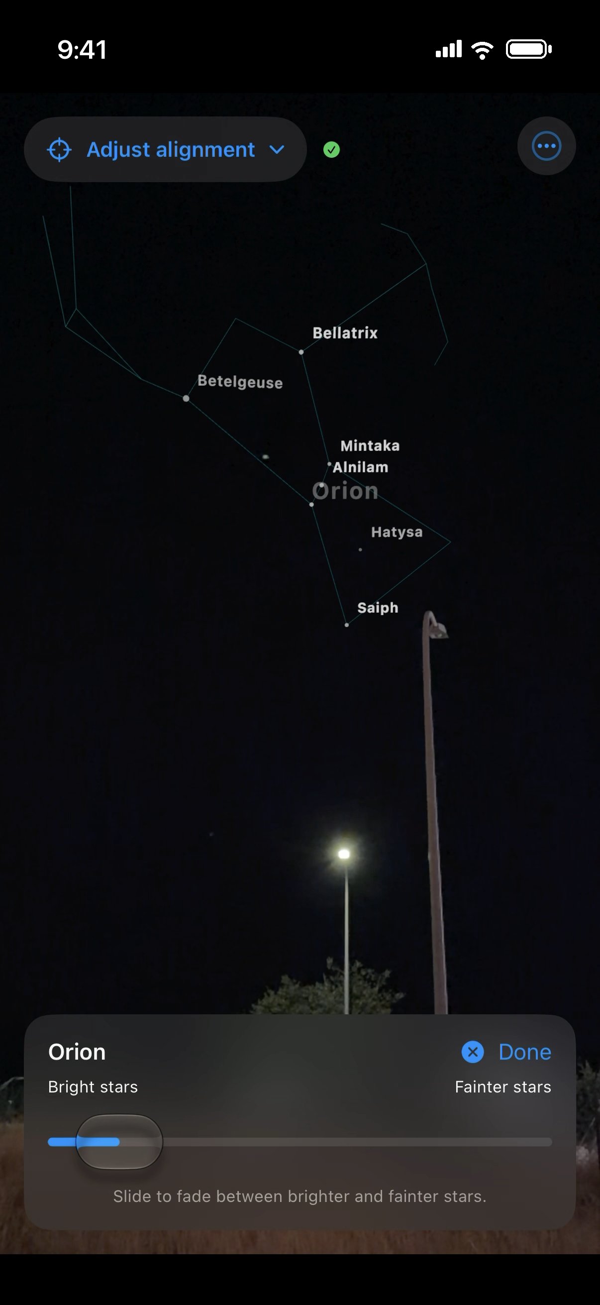 Orion in focus, with Betelgeuse, Bellatrix, the belt stars and Saiph named