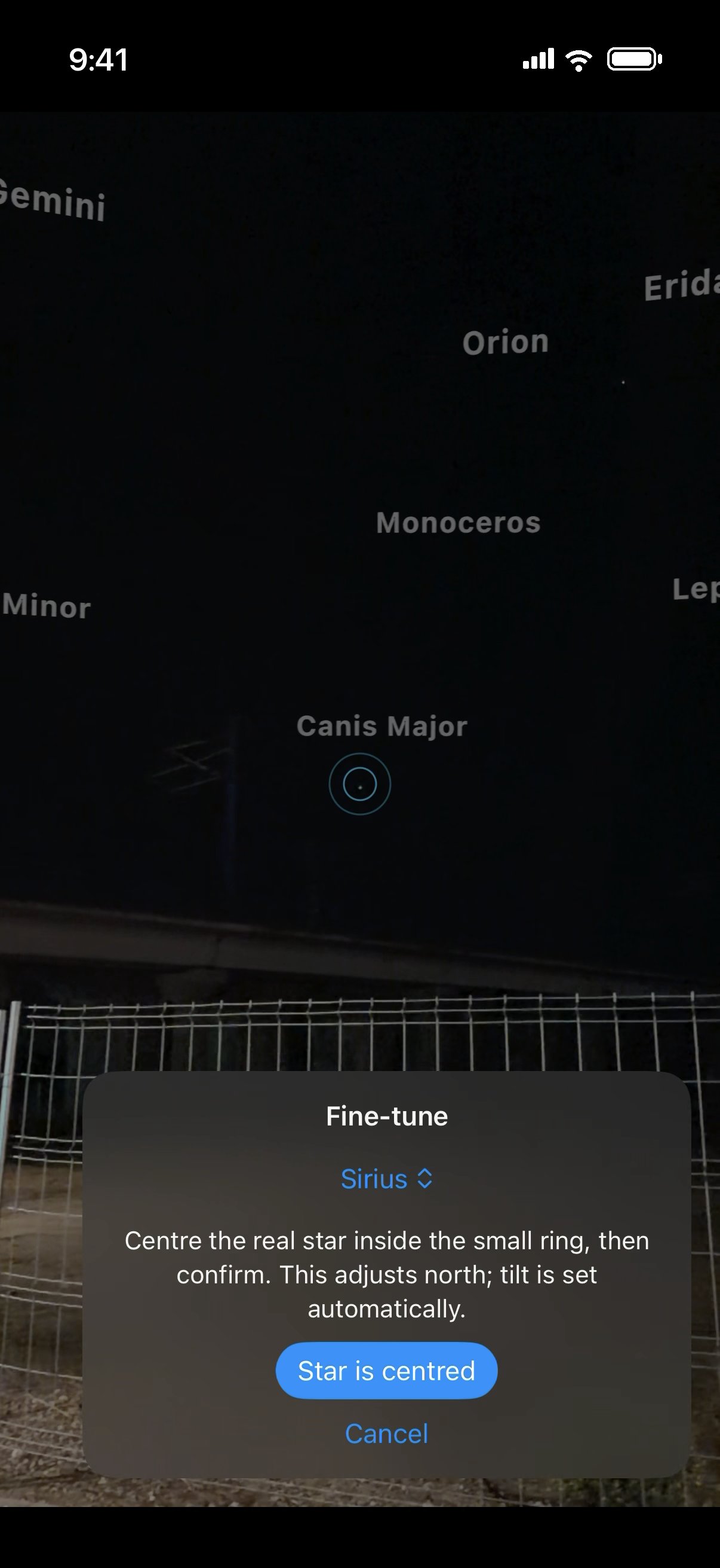 Fine-tune dialog asking to centre Sirius inside the small ring to adjust north